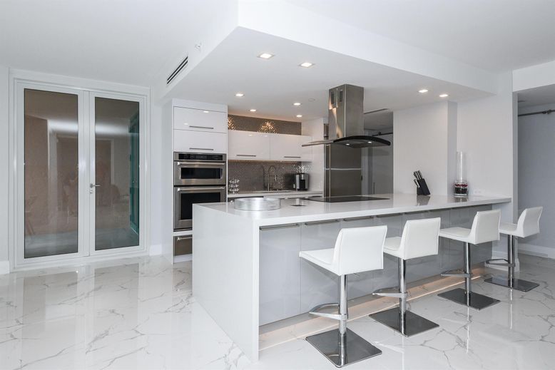 Interior, Kitchen, Marble, Recessed Lighting, Stainless Steel Appliances