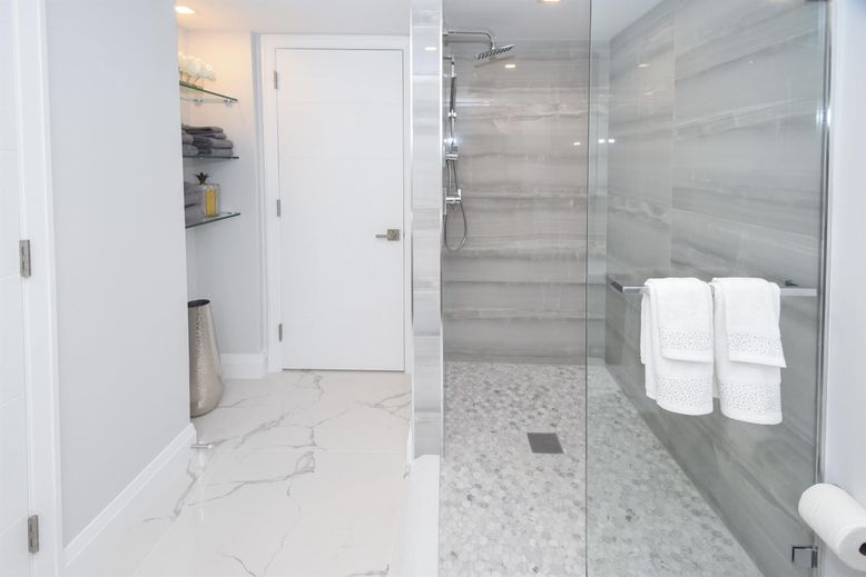 Bathroom, Glass Shower, Interior, Marble, Recessed Lighting