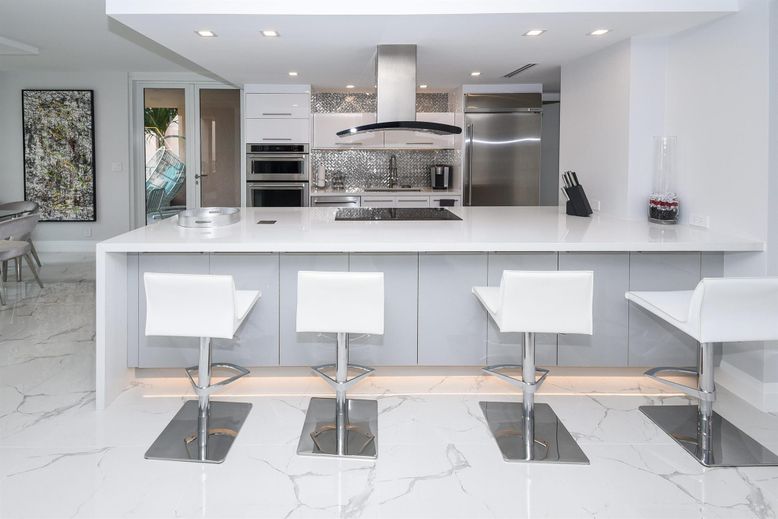 Interior, Kitchen, Marble, Recessed Lighting, Stainless Steel Appliances