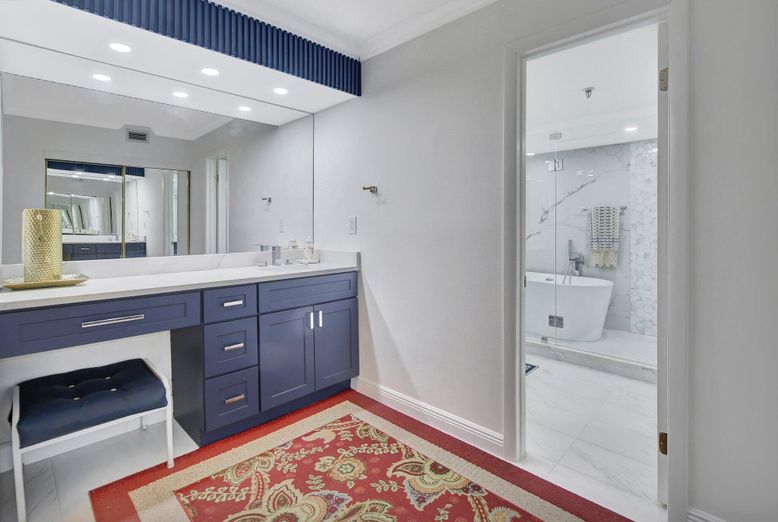 Bathroom, Dual Sink Vanities, Interior, Marble, Marble Walls, Recessed Lighting