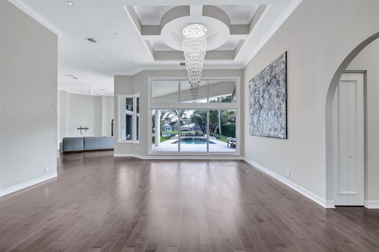 Chandelier, Empty room, Interior, Recessed Lighting, Wood Texture Flooring