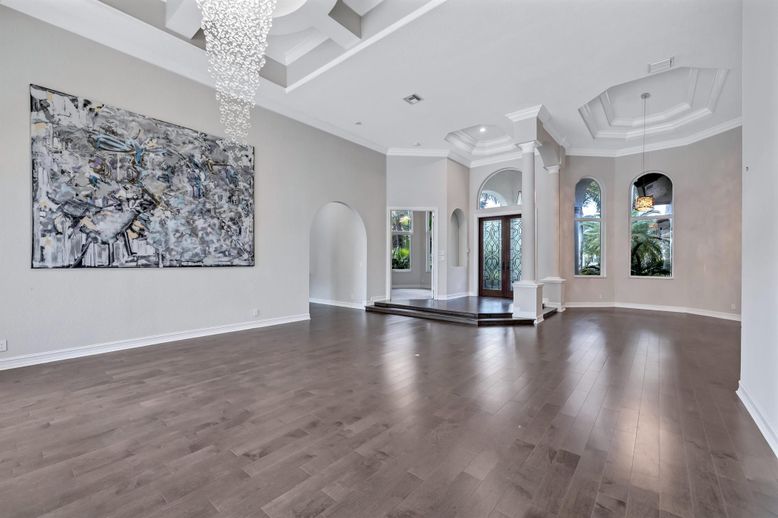 Empty room, Interior, Pendant Lights, Recessed Lighting, Wood Texture Flooring