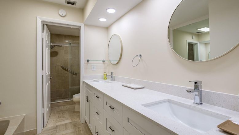Bathroom, Dual Sink Vanities, Glass Shower, Interior, Recessed Lighting