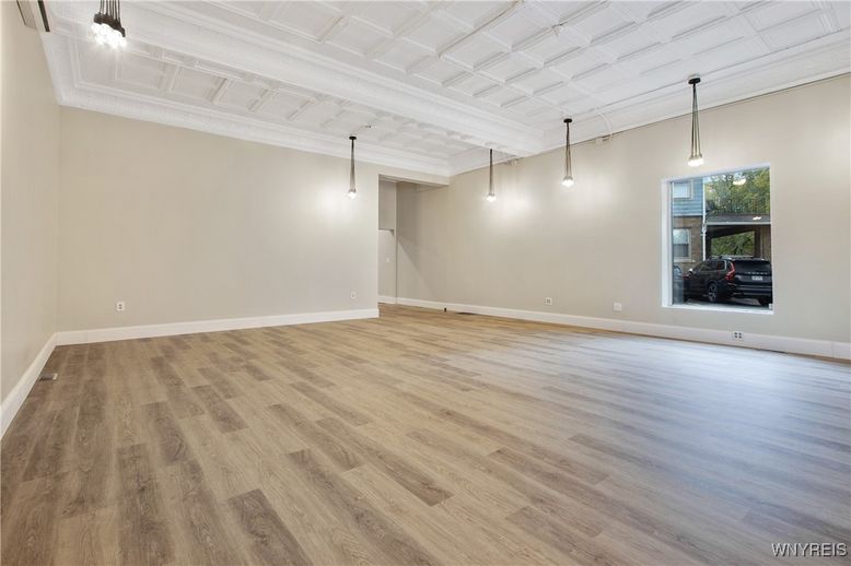 Empty room, Interior, Pendant Lights, Wood Texture Flooring