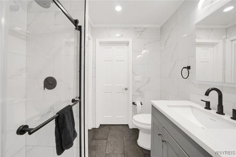 Bathroom, Glass Shower, Interior, Marble Walls, Recessed Lighting