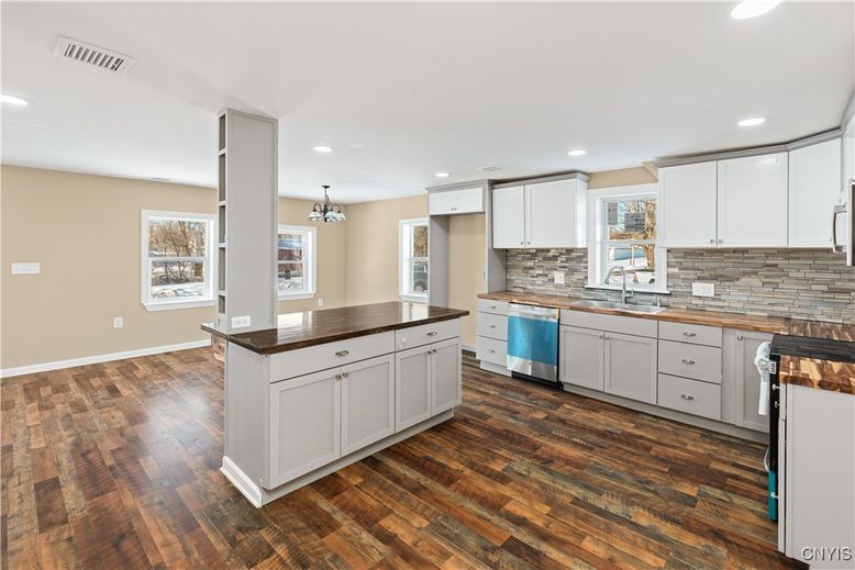 Chandelier, Interior, Kitchen, Recessed Lighting, Wood Texture Flooring