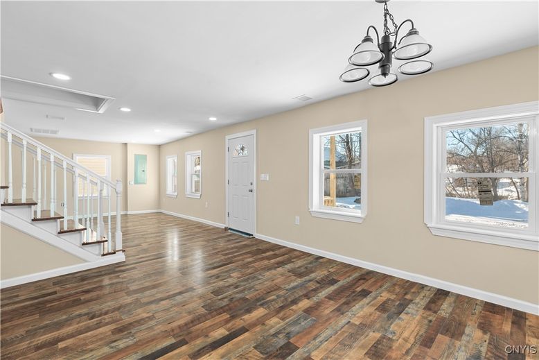 Chandelier, Empty room, Interior, Recessed Lighting, Wood Texture Flooring