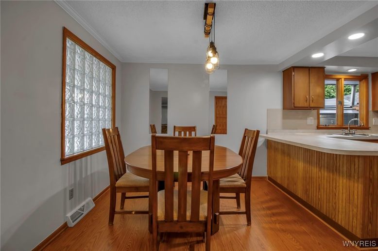 Dining room, Interior, Pendant Lights, Recessed Lighting, Wood Texture Flooring