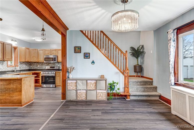 Chandelier, Interior, Kitchen, Pendant Lights, Stainless Steel Appliances, Wood Texture Flooring