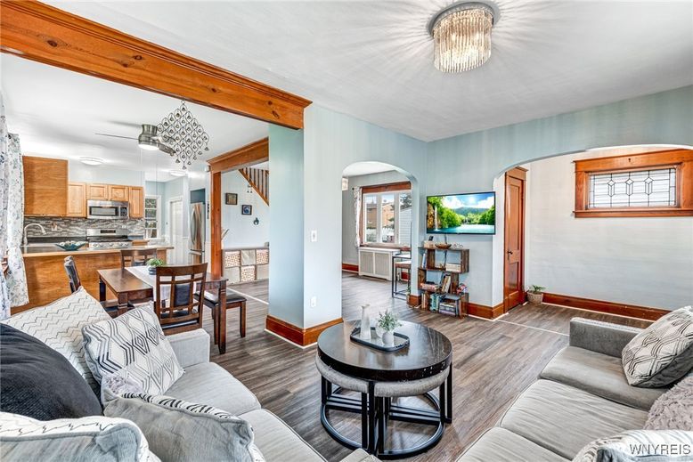 Dining room, Interior, Kitchen, Living room, Stainless Steel Appliances, Wood Texture Flooring