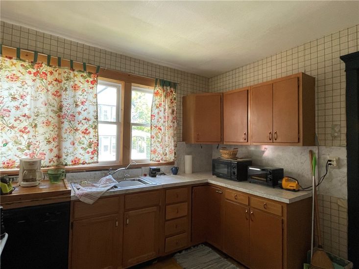 Interior, Kitchen, Tile Countertops, Wood Texture Flooring