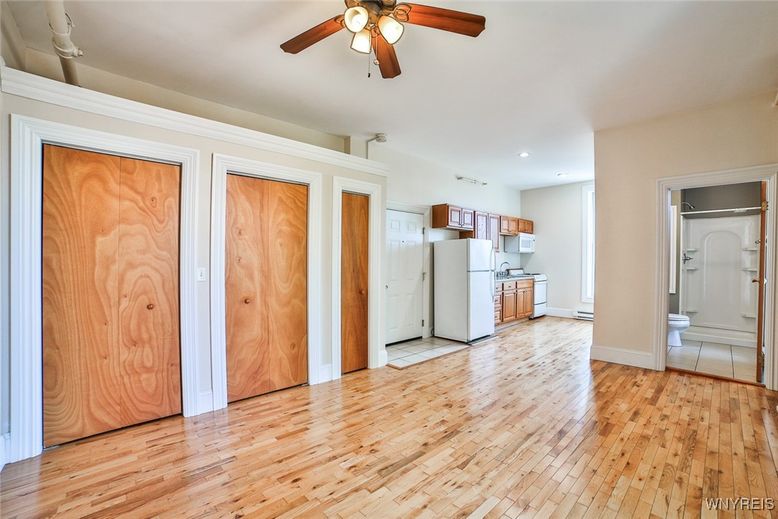 Bathroom, Empty room, Interior, Kitchen, Recessed Lighting, Wood Texture Flooring