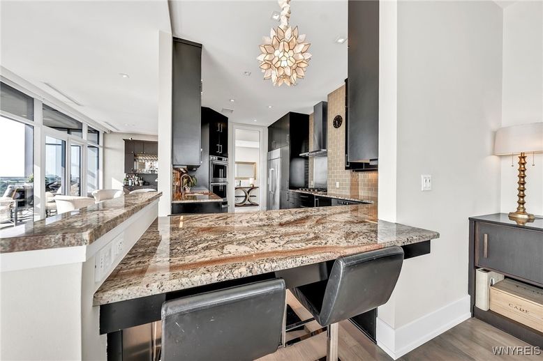 Chandelier, Interior, Kitchen, Pendant Lights, Recessed Lighting, Stainless Steel Appliances, Wood Texture Flooring
