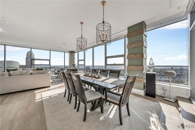 Dining room, Interior, Living room, Pendant Lights, Recessed Lighting, Water, Wood Texture Flooring