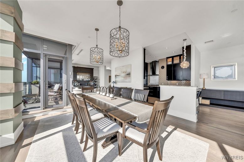 Dining room, Interior, Kitchen, Pendant Lights, Recessed Lighting, Wood Texture Flooring
