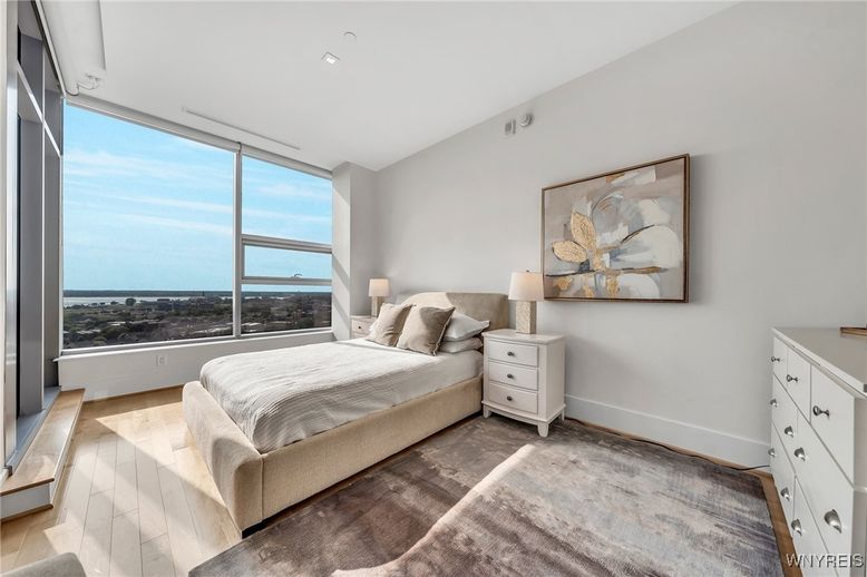 Bedroom, Interior, Recessed Lighting, Water, Wood Texture Flooring