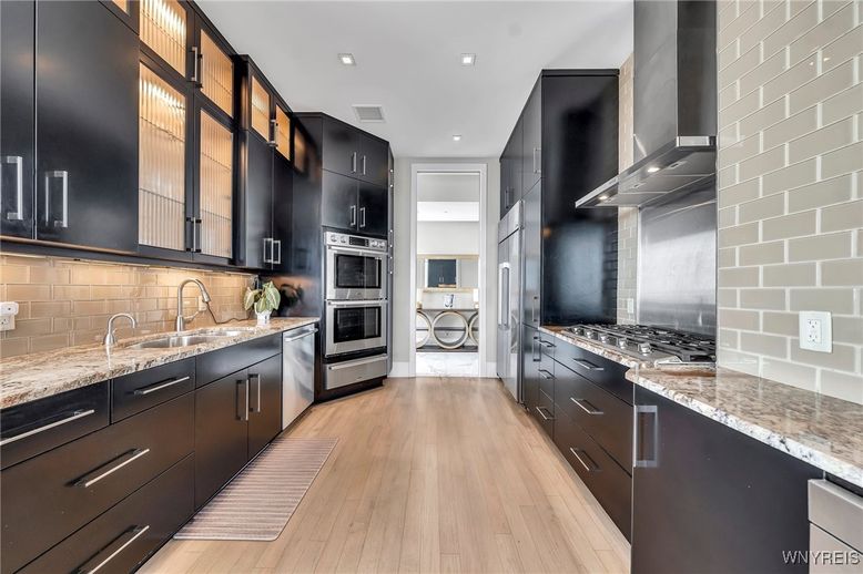 Interior, Kitchen, Recessed Lighting, Stainless Steel Appliances, Wood Texture Flooring