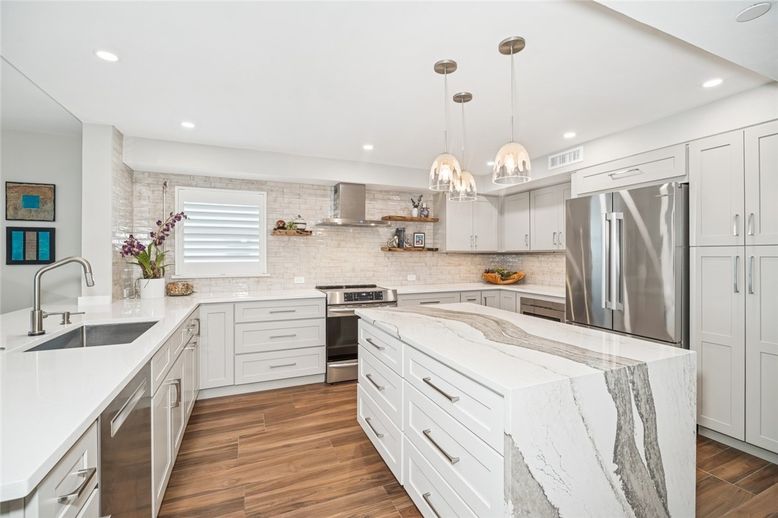 Interior, Kitchen, Pendant Lights, Recessed Lighting, Stainless Steel Appliances, Wood Texture Flooring
