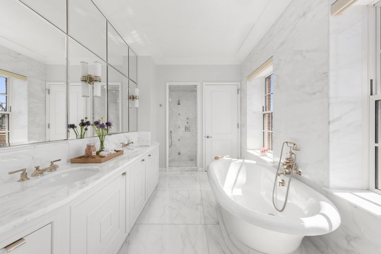Bathroom, Dual Sink Vanities, Free Standing Baths, Glass Shower, Interior, Marble, Marble Walls