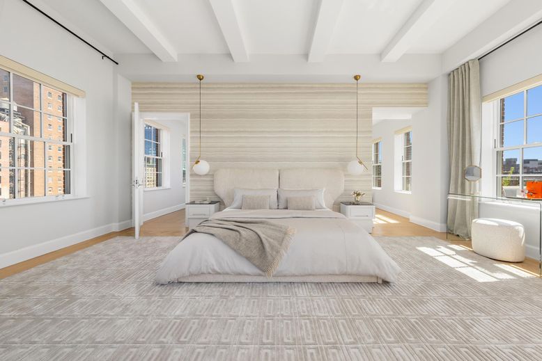 Bedroom, Interior, Pendant Lights, Wood Texture Flooring