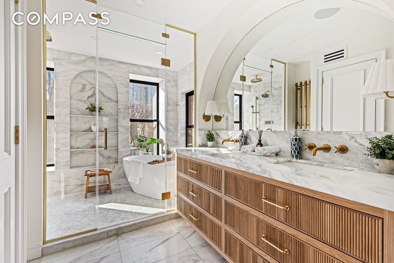 Bathroom, Dual Sink Vanities, Free Standing Baths, Glass Shower, Interior, Marble, Marble Walls, Recessed Lighting