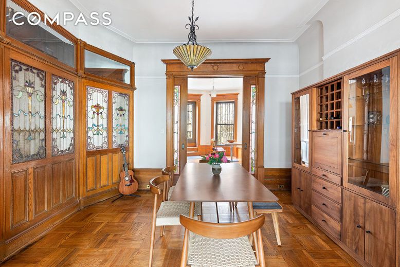 Dining room, Interior, Pendant Lights, Wood Texture Flooring