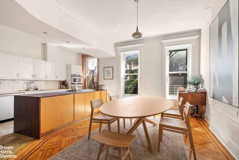 Dining room, Interior, Kitchen, Pendant Lights, Recessed Lighting, Wood Texture Flooring
