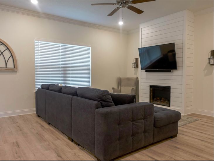 Fireplace, Interior, Living room, Recessed Lighting, Wood Texture Flooring