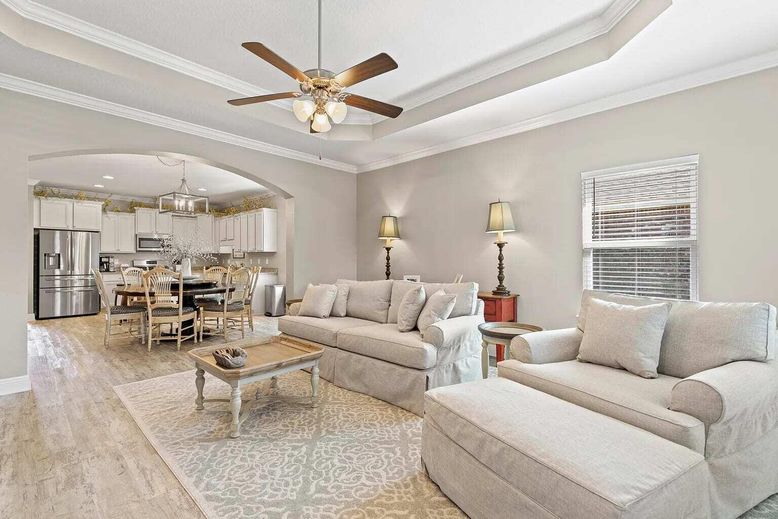 Dining room, Interior, Kitchen, Living room, Recessed Lighting, Stainless Steel Appliances, Wood Texture Flooring
