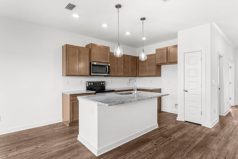 Interior, Kitchen, Pendant Lights, Recessed Lighting, Wood Texture Flooring