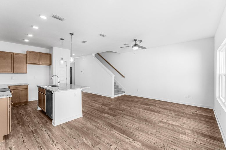 Interior, Kitchen, Pendant Lights, Recessed Lighting, Wood Texture Flooring