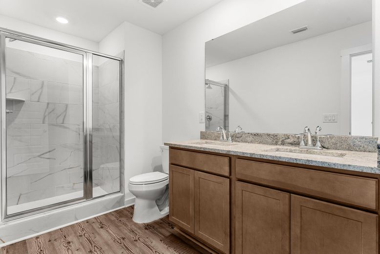 Bathroom, Glass Shower, Interior, Marble Walls, Recessed Lighting, Wood Texture Flooring