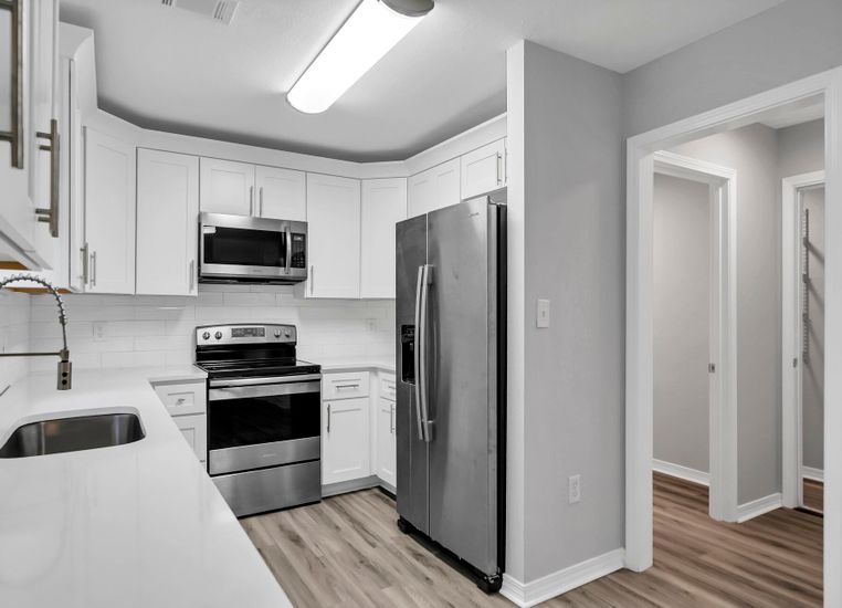 Interior, Kitchen, Stainless Steel Appliances, Wood Texture Flooring