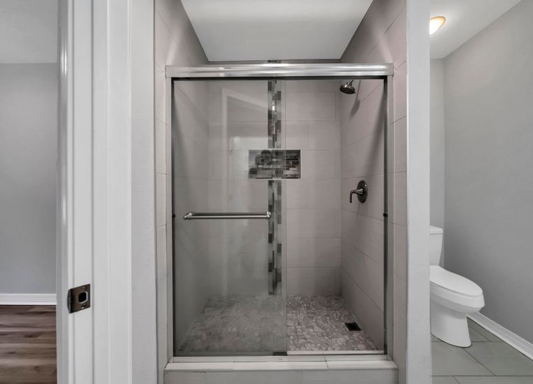 Bathroom, Glass Shower, Interior, Wood Texture Flooring