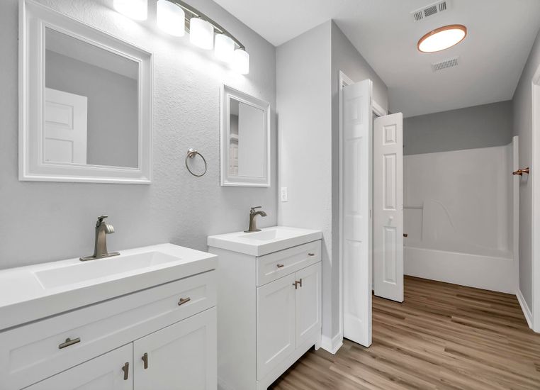 Bathroom, Dual Sink Vanities, Interior, Wood Texture Flooring