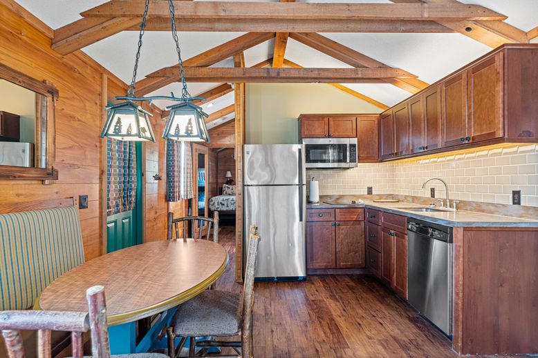 Dining room, Interior, Kitchen, Pendant Lights, Stainless Steel Appliances, Wooden Beams, Wood Texture Flooring