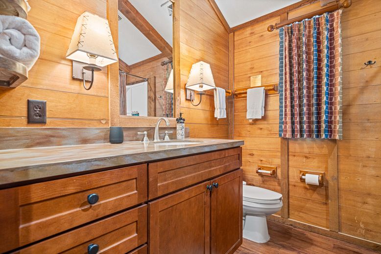Bathroom, Dual Sink Vanities, Interior, Wood Texture Flooring, Wooden Walls