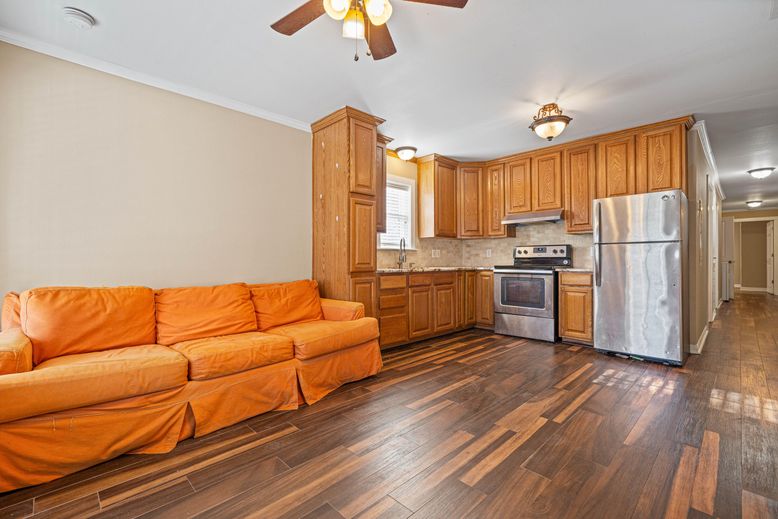 Interior, Kitchen, Living room, Stainless Steel Appliances, Wood Texture Flooring