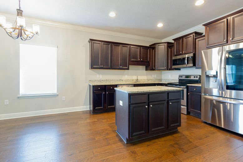 Chandelier, Interior, Kitchen, Recessed Lighting, Stainless Steel Appliances, Wood Texture Flooring