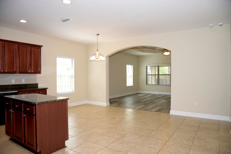 Chandelier, Empty room, Interior, Kitchen, Recessed Lighting, Wood Texture Flooring