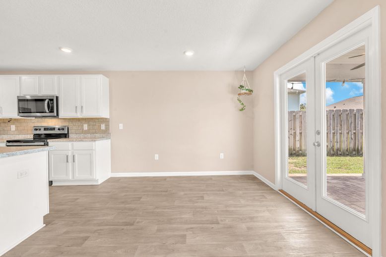 Empty room, Interior, Kitchen, Recessed Lighting, Wood Texture Flooring