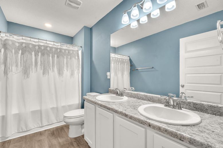 Bathroom, Dual Sink Vanities, Interior, Recessed Lighting, Wood Texture Flooring