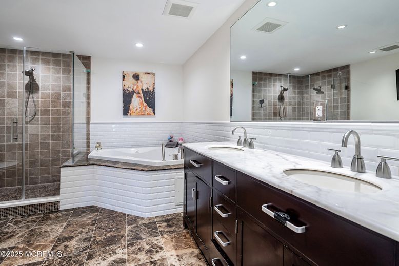 Bathroom, Dual Sink Vanities, Glass Shower, Interior, Recessed Lighting