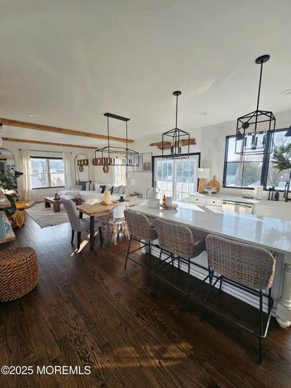 Dining room, Interior, Living room, Pendant Lights, Wood Texture Flooring