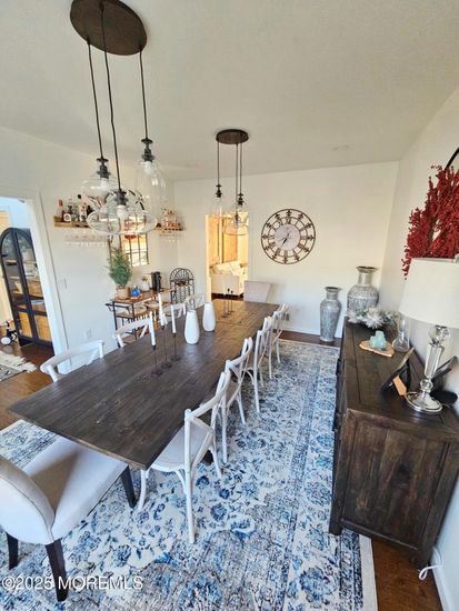 Dining room, Interior, Pendant Lights, Wood Texture Flooring