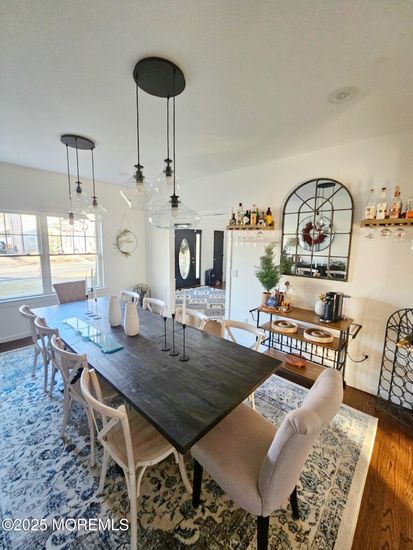 Dining room, Interior, Living room, Pendant Lights, Wood Texture Flooring