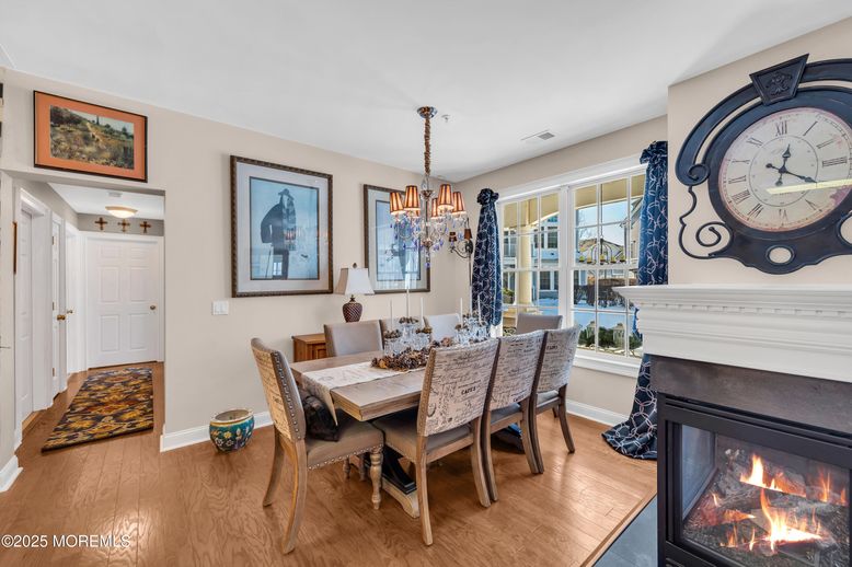 Chandelier, Dining room, Fireplace, Interior, Pendant Lights, Wood Texture Flooring