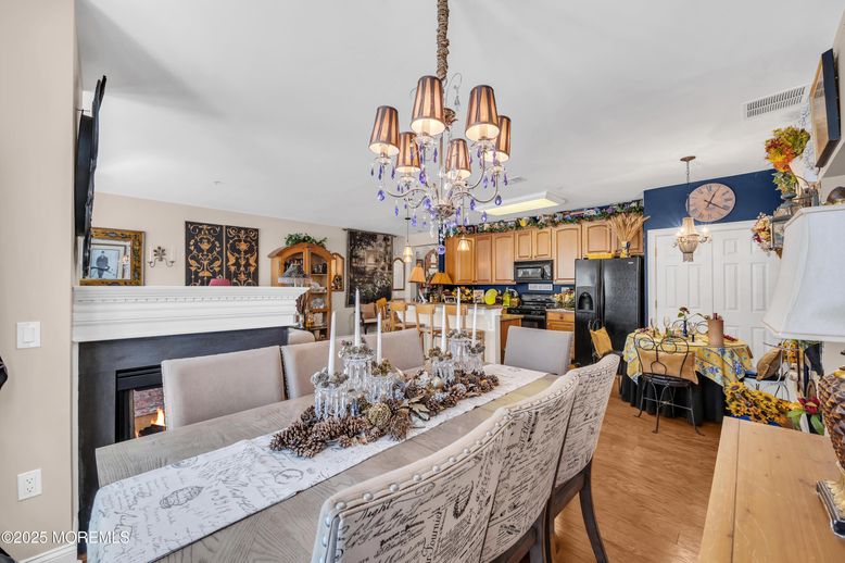 Chandelier, Dining room, Fireplace, Interior, Kitchen, Wood Texture Flooring
