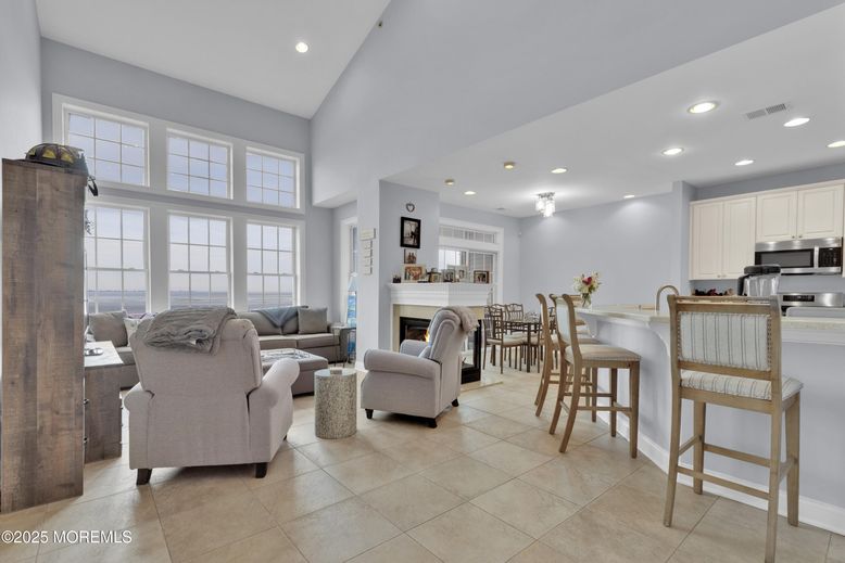 Dining room, Fireplace, Interior, Kitchen, Living room, Recessed Lighting, Stainless Steel Appliances
