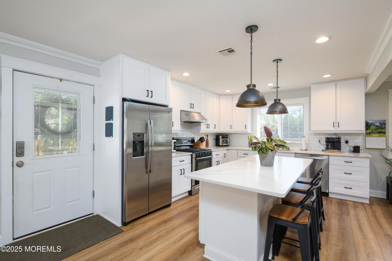 Interior, Kitchen, Pendant Lights, Recessed Lighting, Stainless Steel Appliances, Wood Texture Flooring